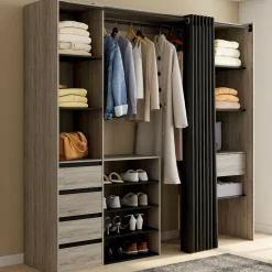 Dressing XXL extensible 120/180 cm en hêtre avec penderie, étagères et tiroirs