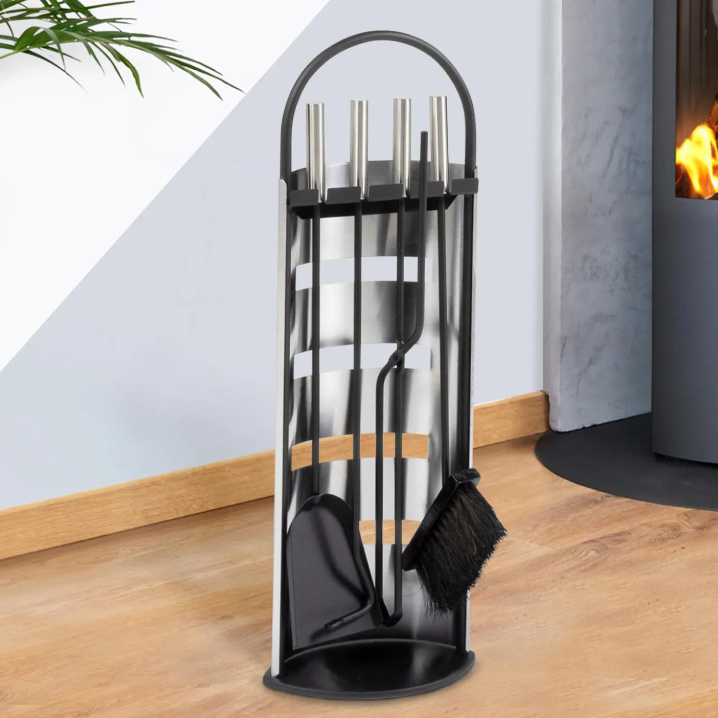 Ensemble d'accessoires de cheminée noir inox avec support