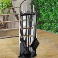 Ensemble d'accessoires de cheminée noir inox avec support