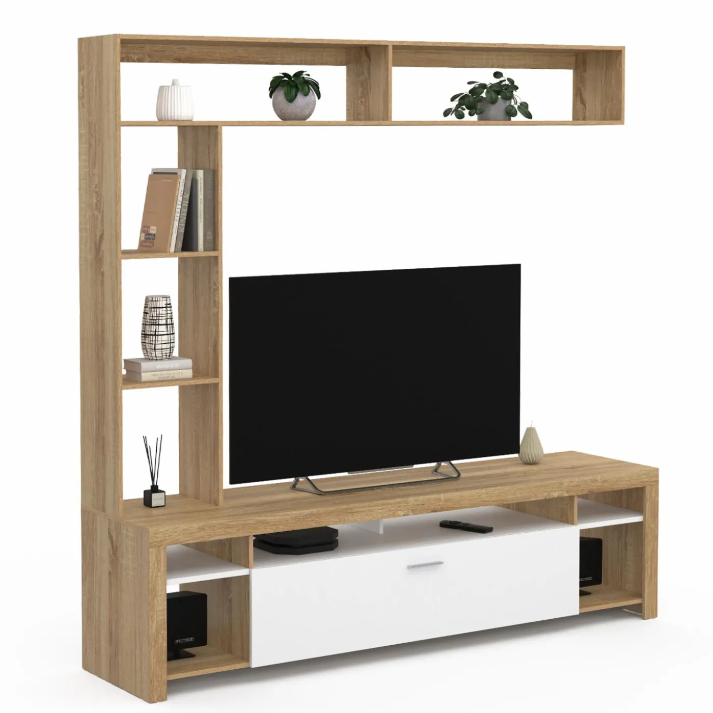 Ensemble meuble télé 170 cm avec étagères bois et placard blanc