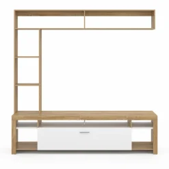 Ensemble meuble télé 170 cm avec étagères bois et placard blanc