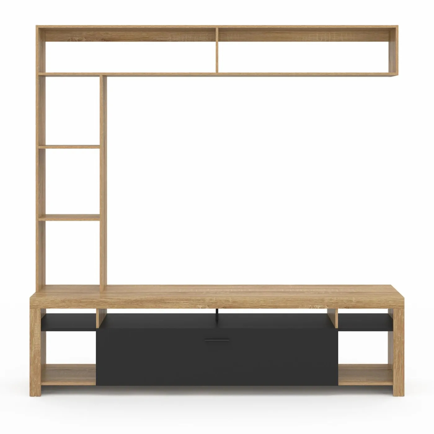Ensemble meuble télé de 170 cm avec des étagères en bois et un placard noir