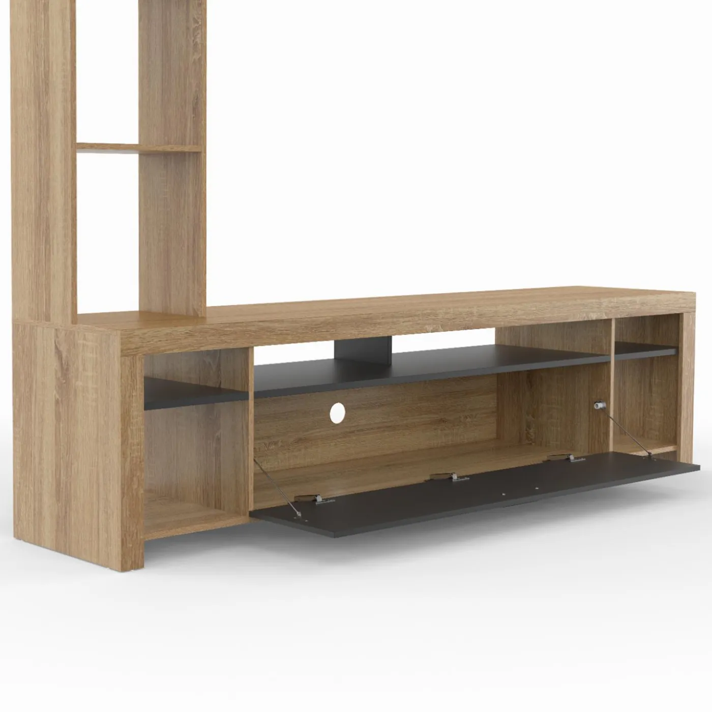 Ensemble meuble télé de 170 cm avec des étagères en bois et un placard noir