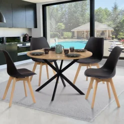 Ensemble table à manger ronde 110 cm bois et noir et 4 chaises noires