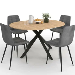 Ensemble table à manger ronde extensible 110 - 150 cm et 4 chaises en velours gris foncé