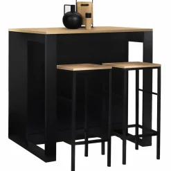 Ensemble table de bar + 2 tabourets de bar bois noir et imitation hêtre