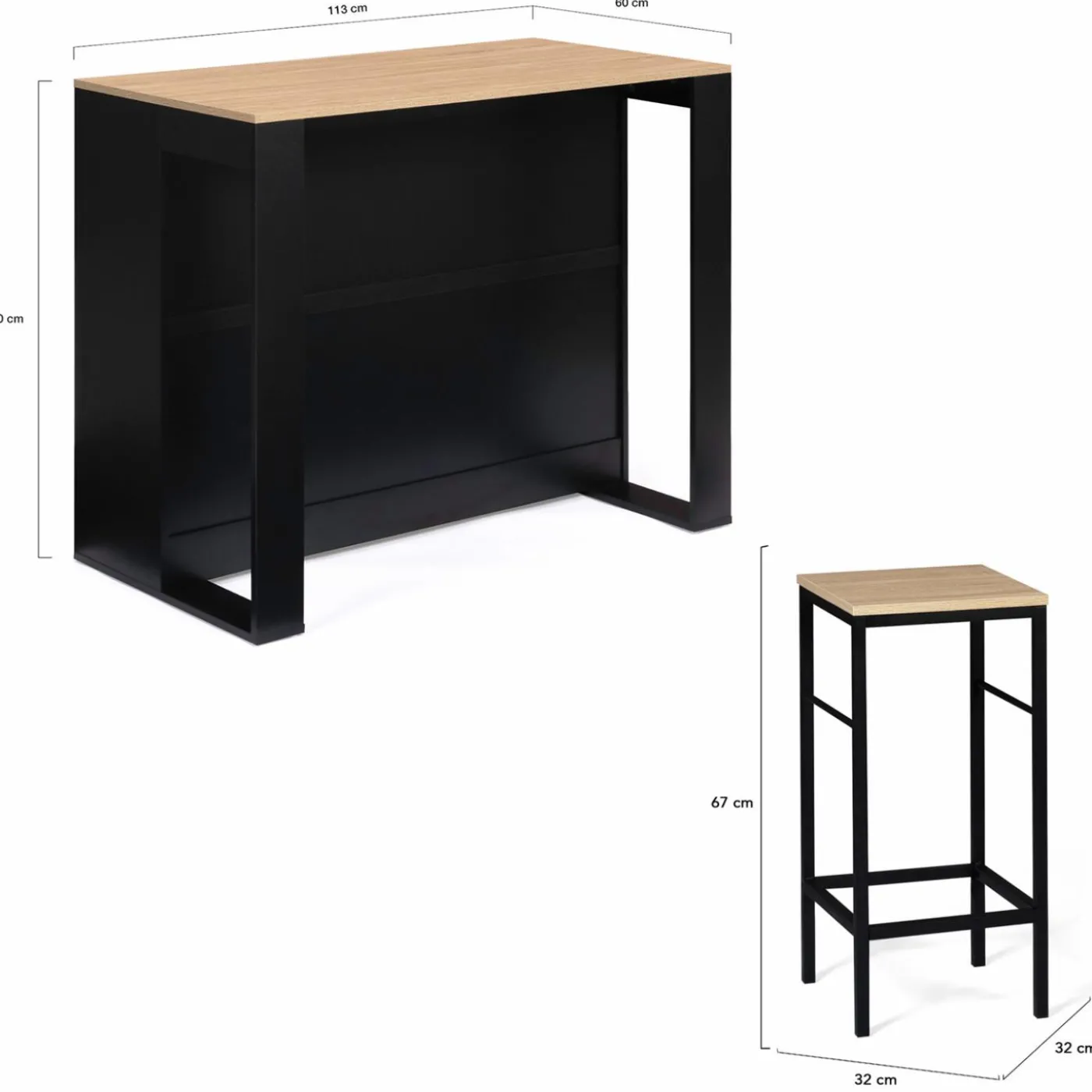 Ensemble table de bar + 2 tabourets de bar bois noir et imitation hêtre