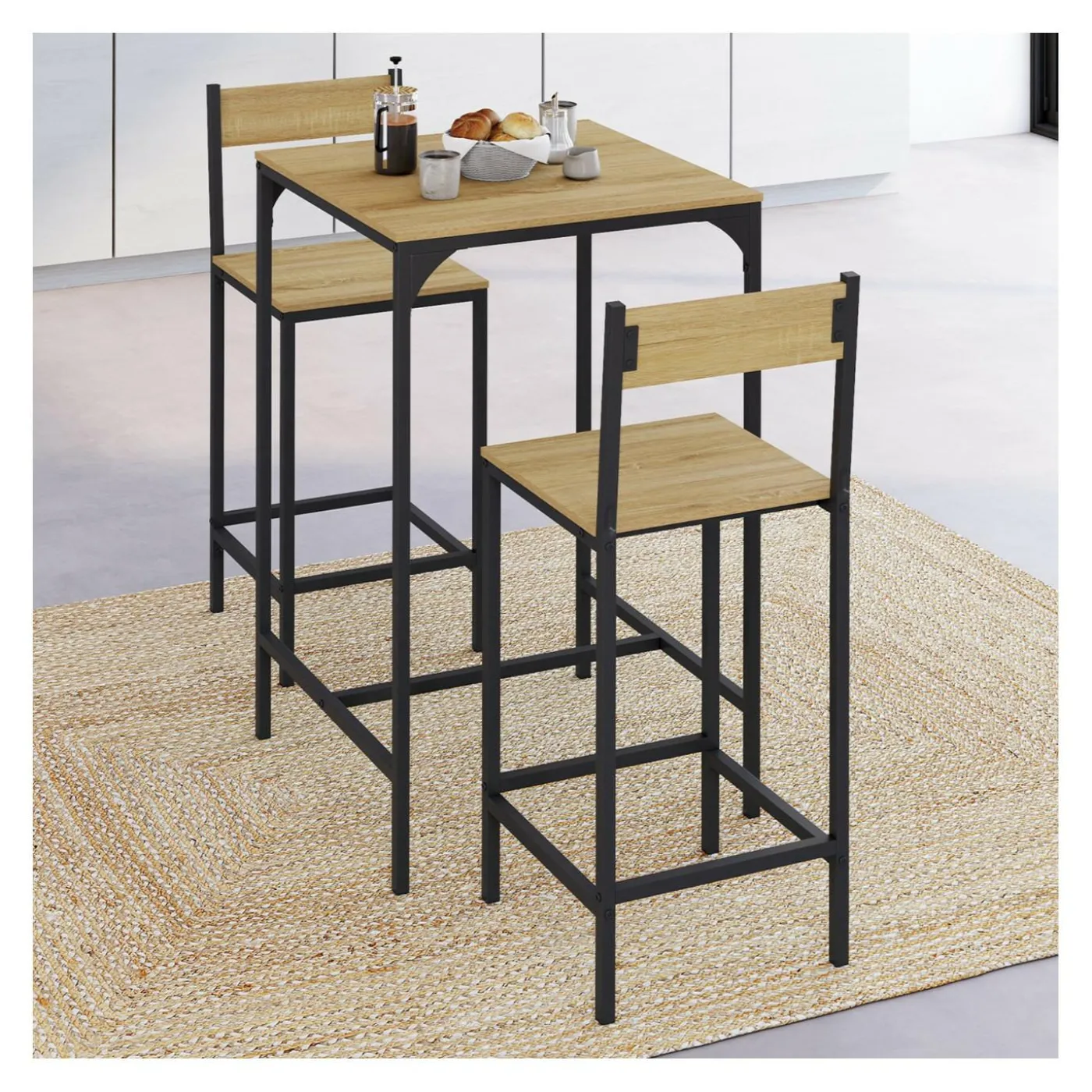 Ensemble table de bar carrée 60 cm et 2 chaises de bar design industriel
