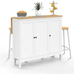 Ensemble table de bar ilot et 2 tabourets bois blanc plateau façon hêtre