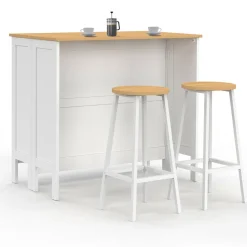 Ensemble table de bar ilot et 2 tabourets bois blanc plateau façon hêtre