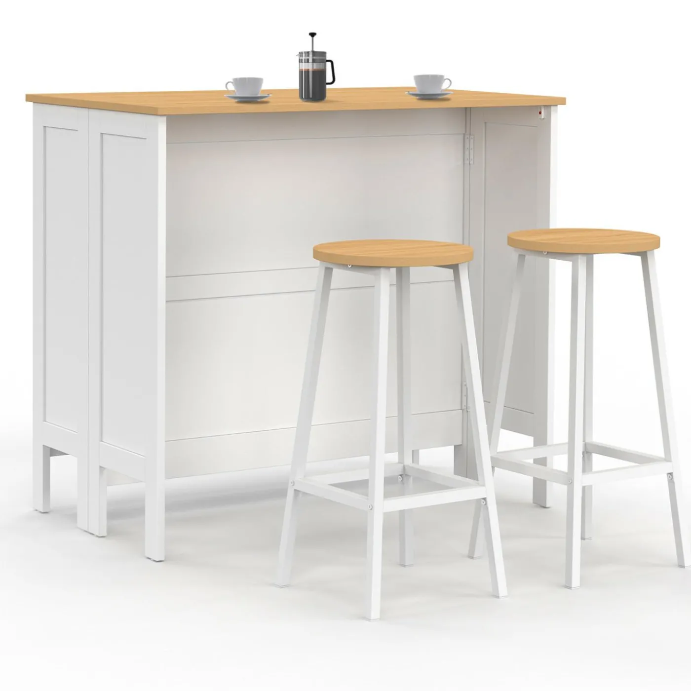 Ensemble table de bar ilot et 2 tabourets bois blanc plateau façon hêtre