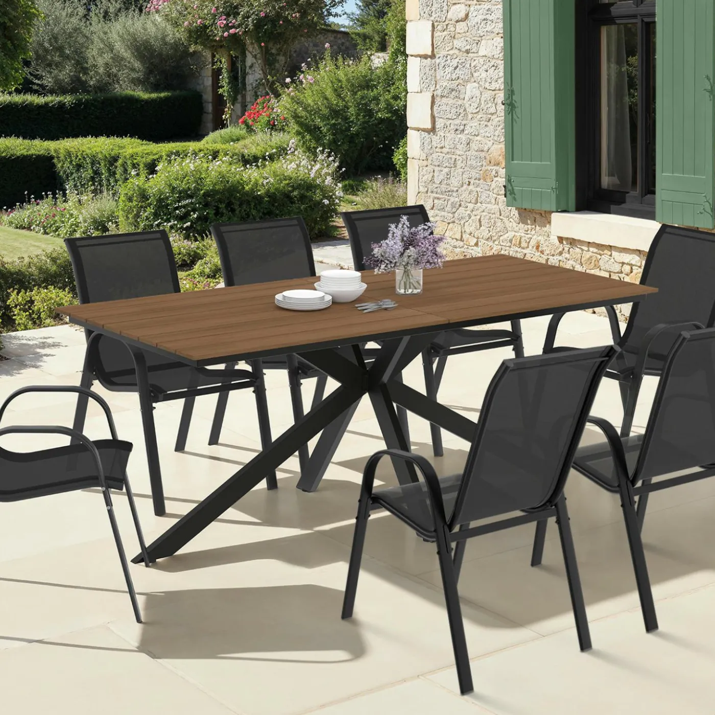 Ensemble table et chaise salon de jardin 8 personnes pied araignée noir