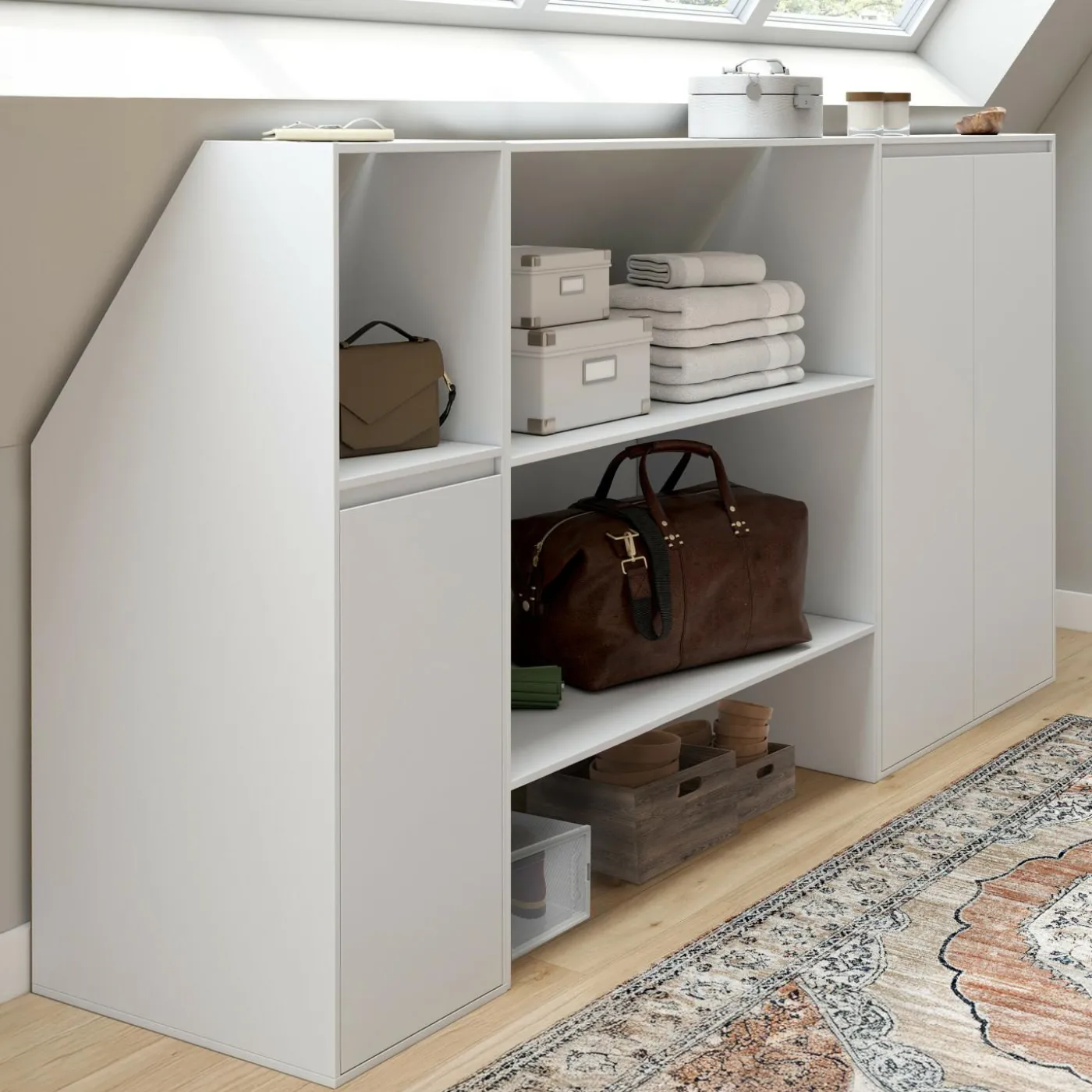 Ensemble étagère 2 niveaux, armoire 2 portes et 1 porte + 1 niche sous pente Blanche