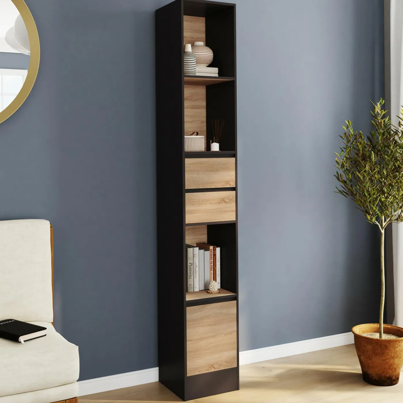 Etagère bibliothèque 190 cm 3 étagères 2 tiroirs 1 placard noir et effet bois