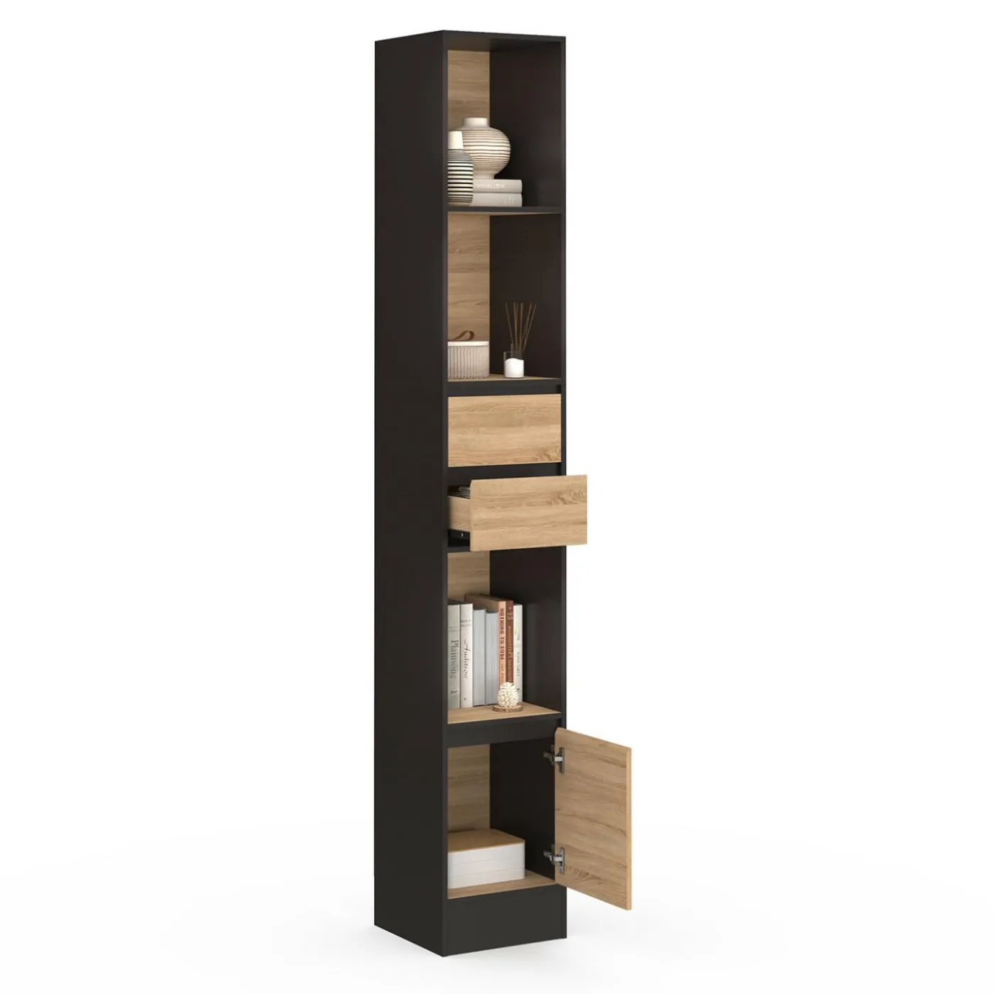 Etagère bibliothèque 190 cm 3 étagères 2 tiroirs 1 placard noir et effet bois