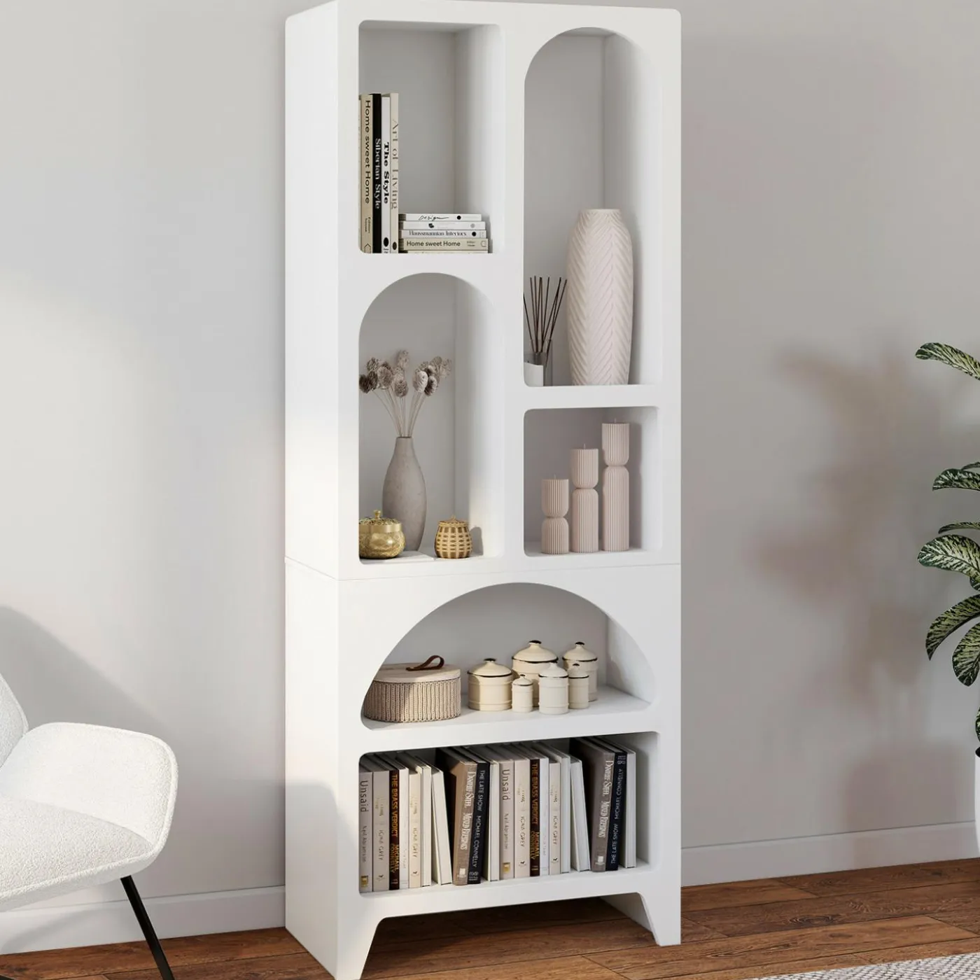 Etagère bibliothèque 6 compartiments style organique bois blanc
