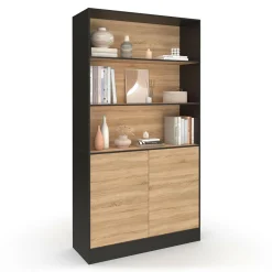 Etagère bibliothèque 3 niveaux XXL 1 placard noir et effet bois 190 cm