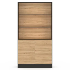 Etagère bibliothèque 3 niveaux XXL 1 placard noir et effet bois 190 cm