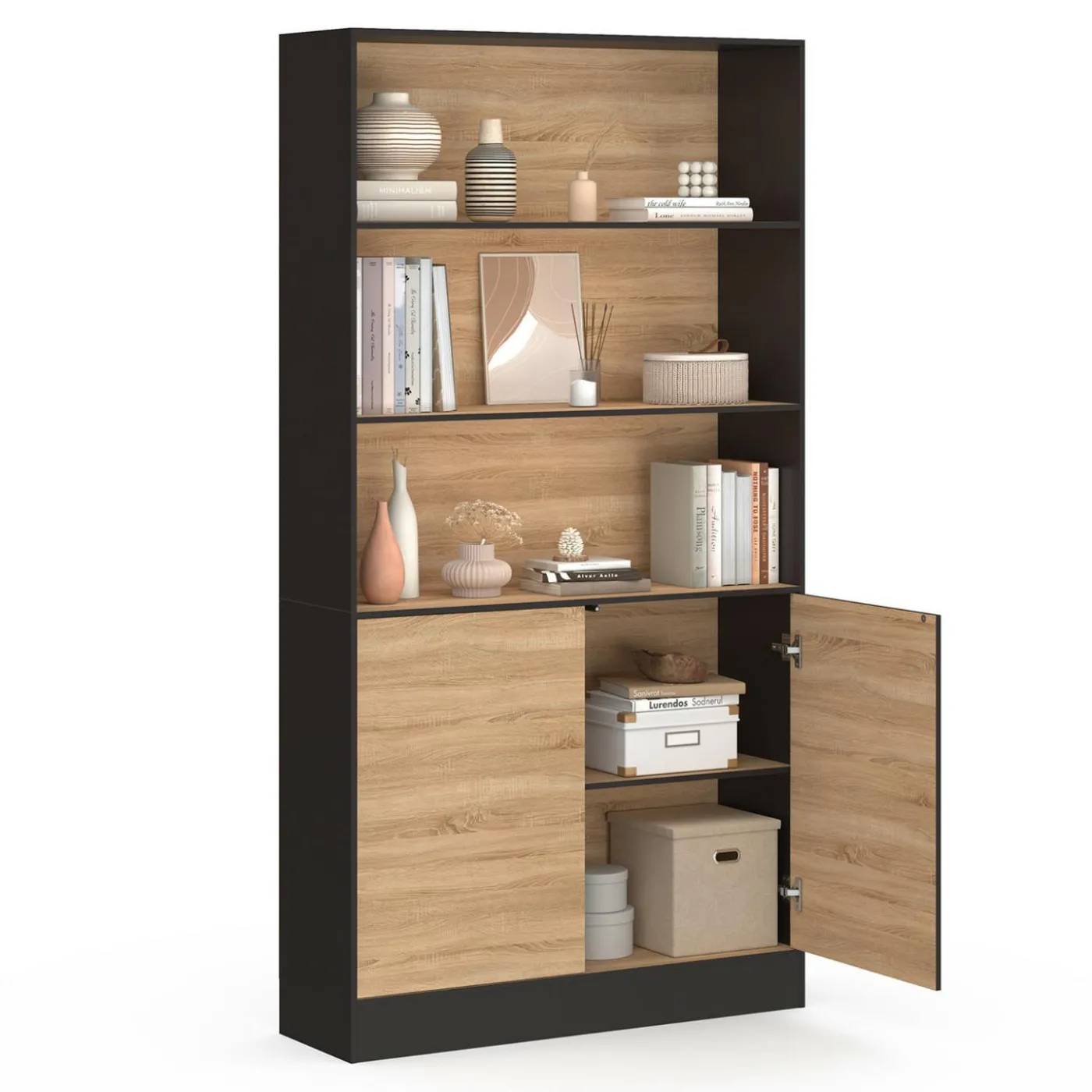 Etagère bibliothèque 3 niveaux XXL 1 placard noir et effet bois 190 cm
