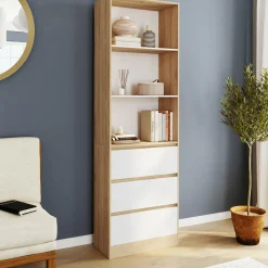 Etagère bibliothèque 3 niveaux 3 tiroirs blanc et effet bois