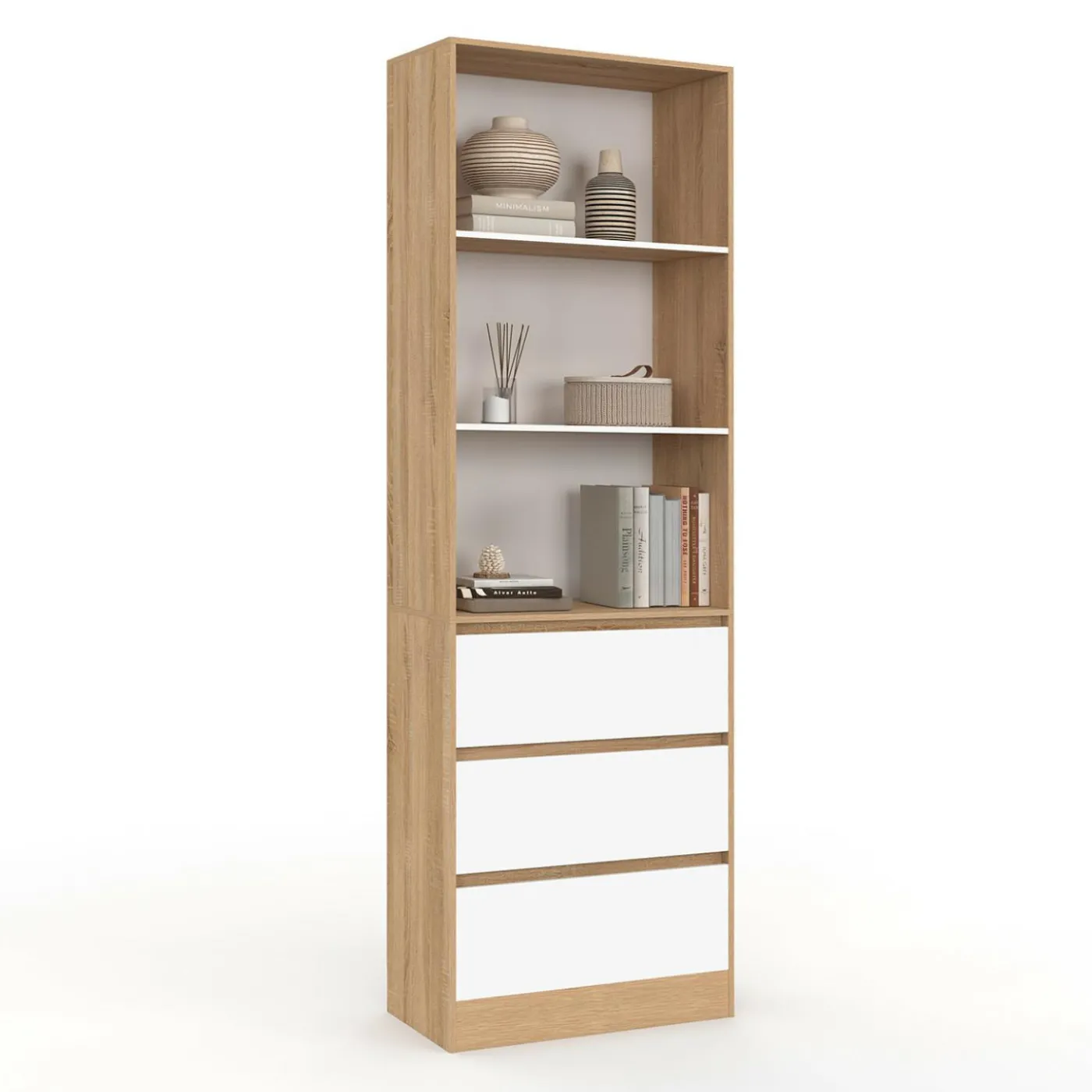 Etagère bibliothèque 3 niveaux 3 tiroirs blanc et effet bois