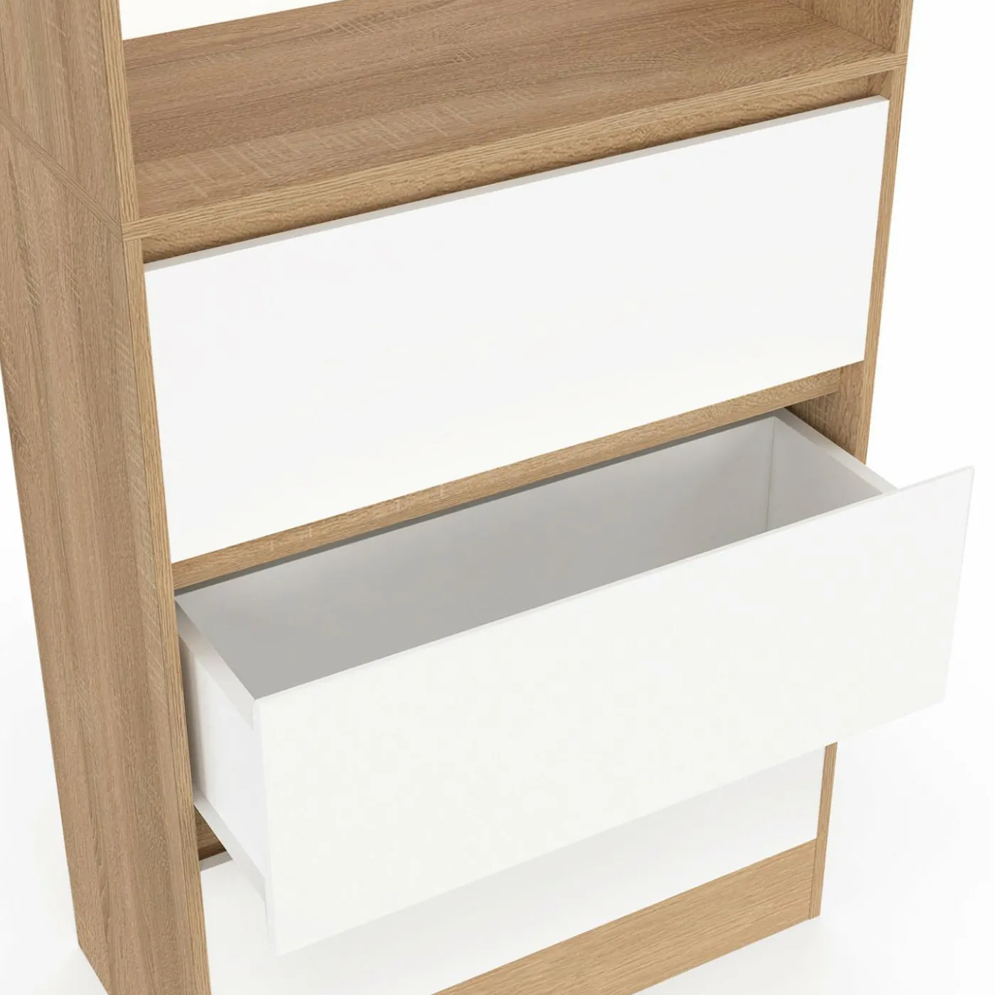 Etagère bibliothèque 3 niveaux 3 tiroirs blanc et effet bois