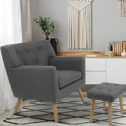 Fauteuil avec repose pieds en tissu gris anthracite style scandinave