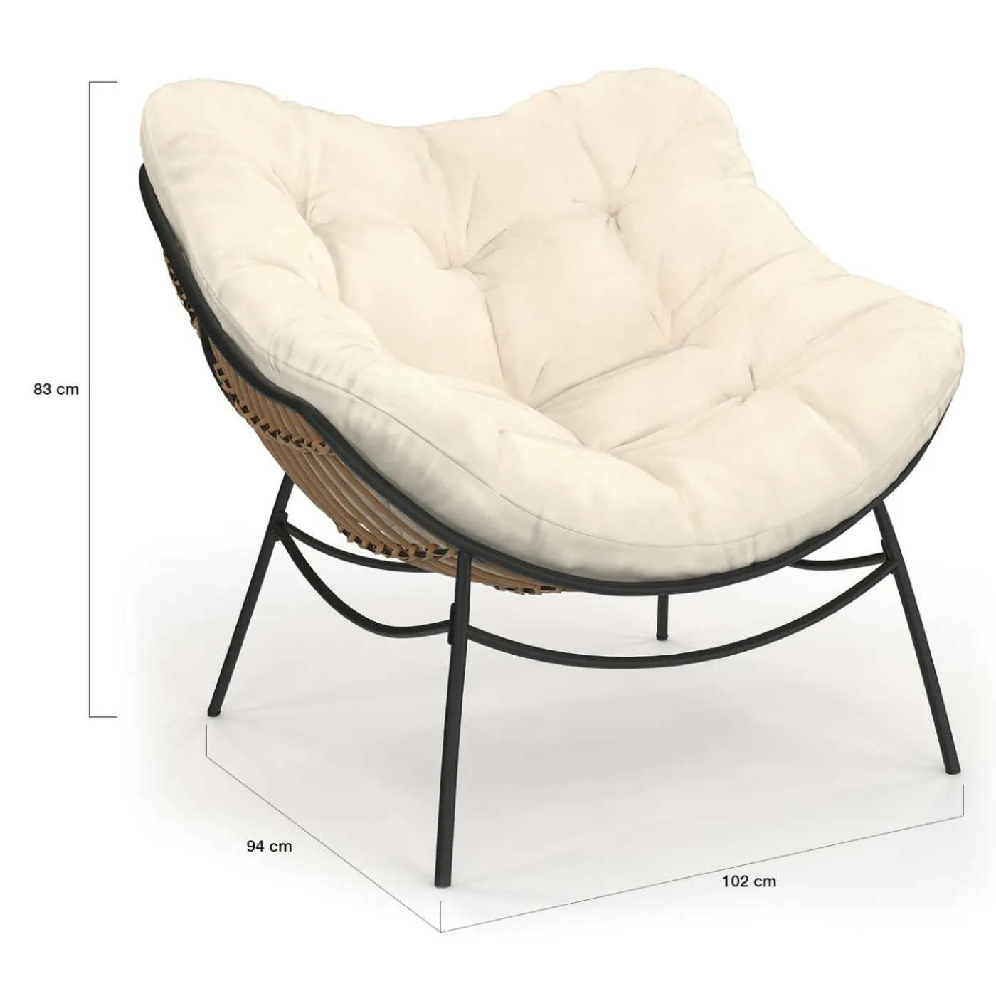 Fauteuil de jardin relax avec coussin écru effet rotin