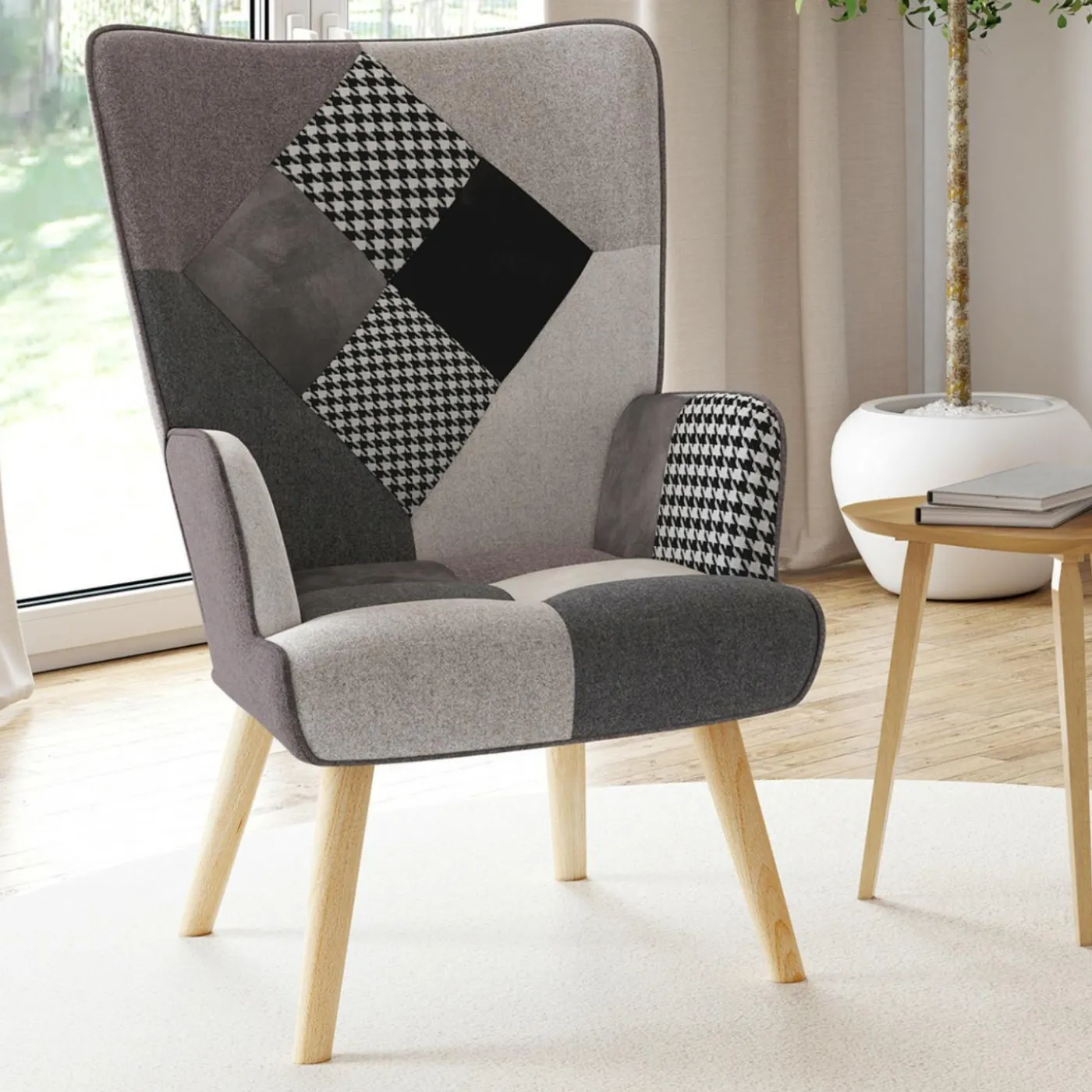 Fauteuil en tissu gris, blanc et noir style scandinave
