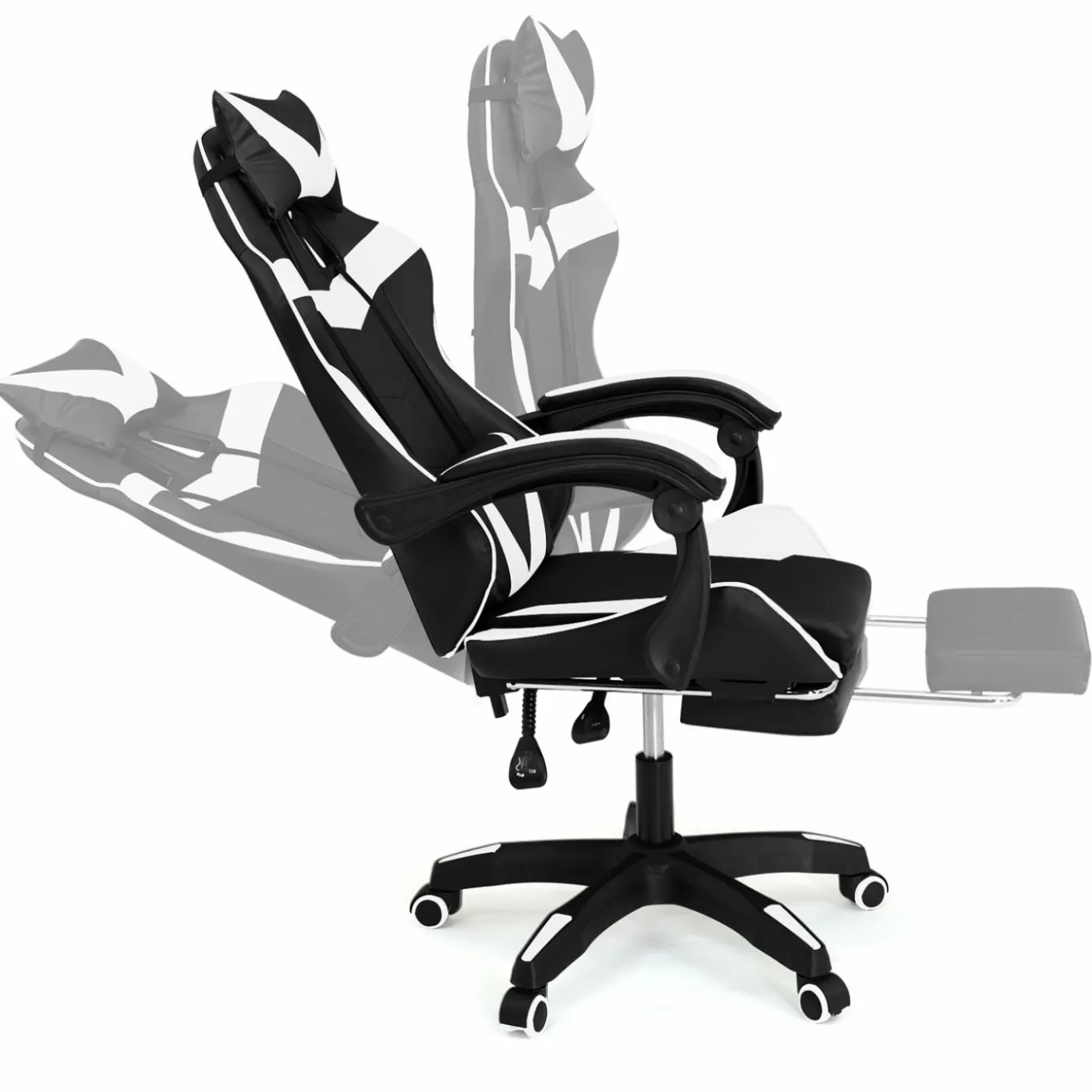 Fauteuil gamer réglable et inclinable avec repose-pied et coussins noir et blanc