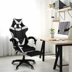 Fauteuil gamer réglable et inclinable avec repose-pied et coussins noir et blanc