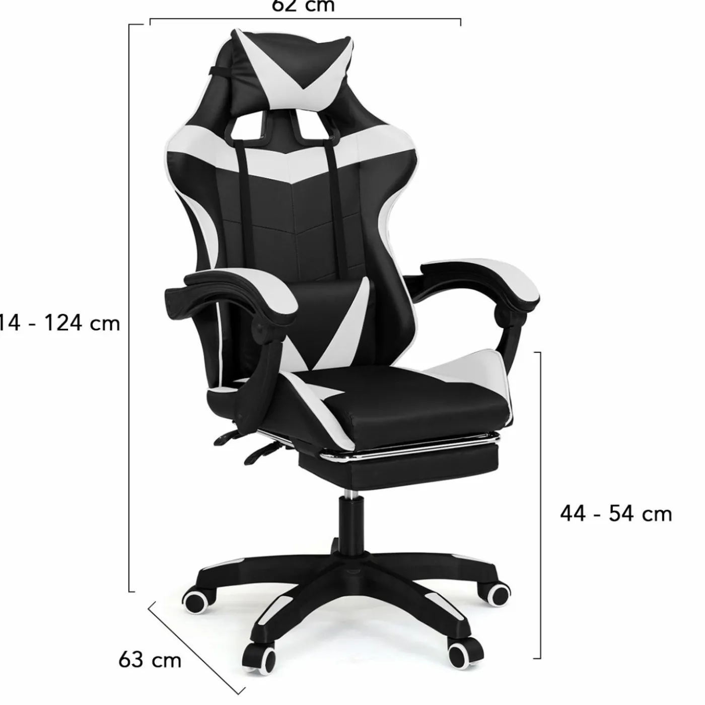 Fauteuil gamer réglable et inclinable avec repose-pied et coussins noir et blanc