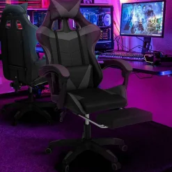 Fauteuil gamer réglable et inclinable avec repose-pied et coussins noir et gris
