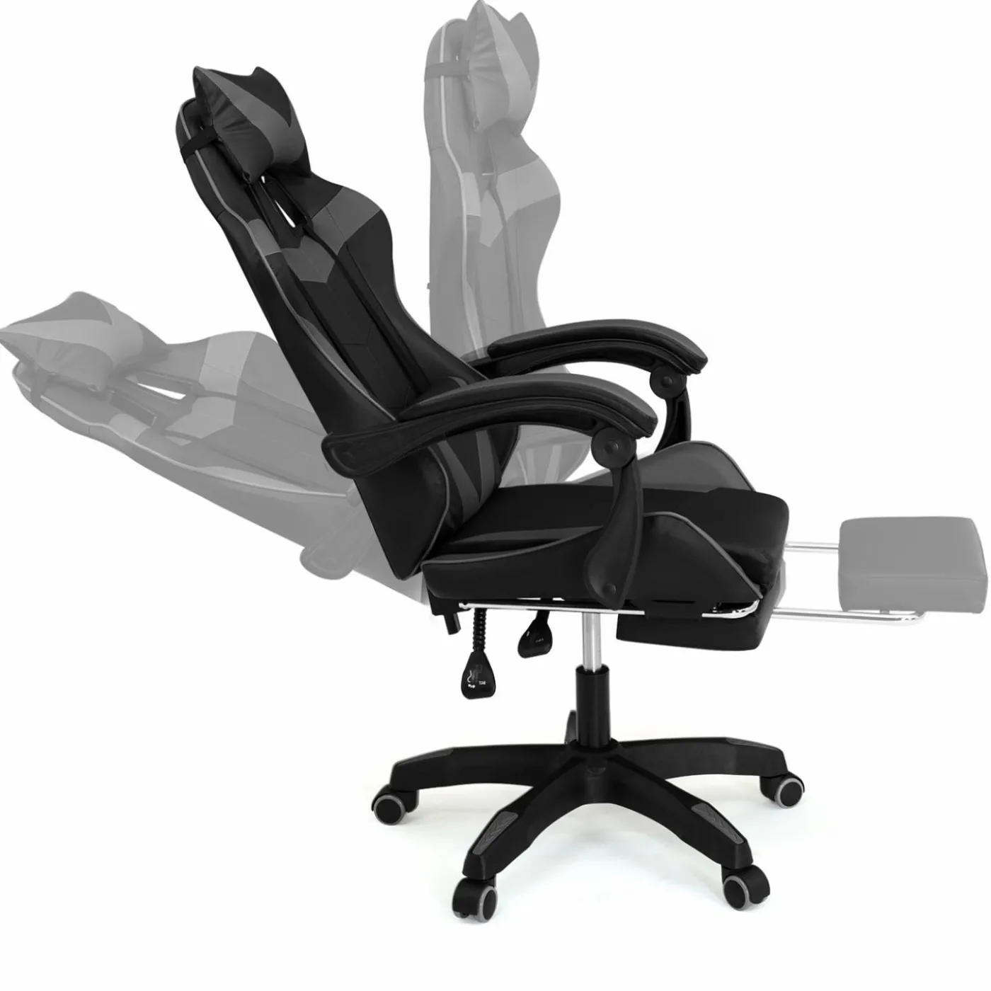 Fauteuil gamer réglable et inclinable avec repose-pied et coussins noir et gris