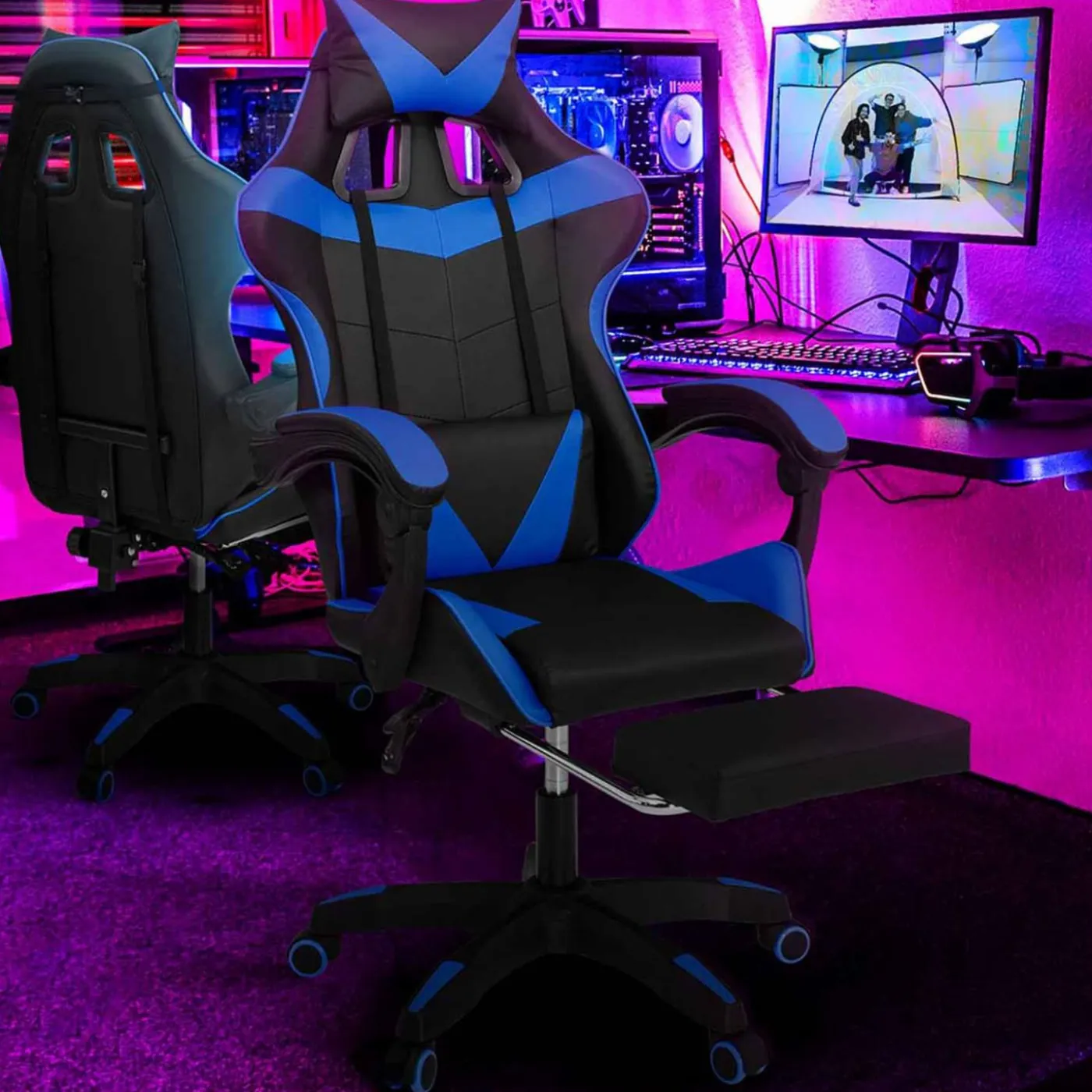 Fauteuil gamer réglable et inclinable avec repose-pied et coussins noir et bleu