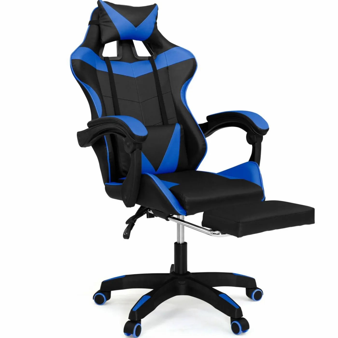 Fauteuil gamer réglable et inclinable avec repose-pied et coussins noir et bleu