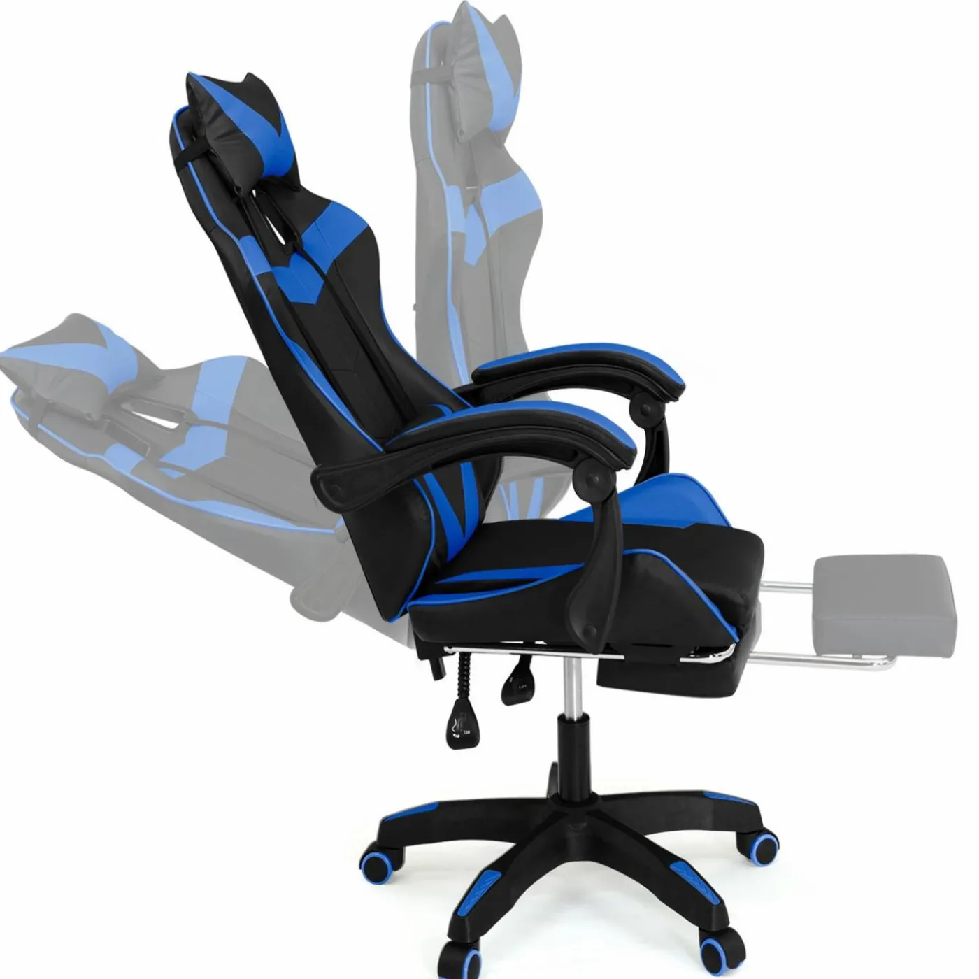 Fauteuil gamer réglable et inclinable avec repose-pied et coussins noir et bleu