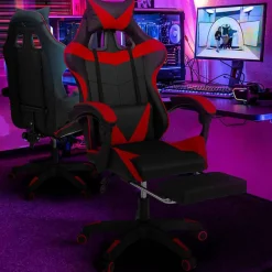 Fauteuil gamer réglable et inclinable avec repose pied et coussins noir et rouge