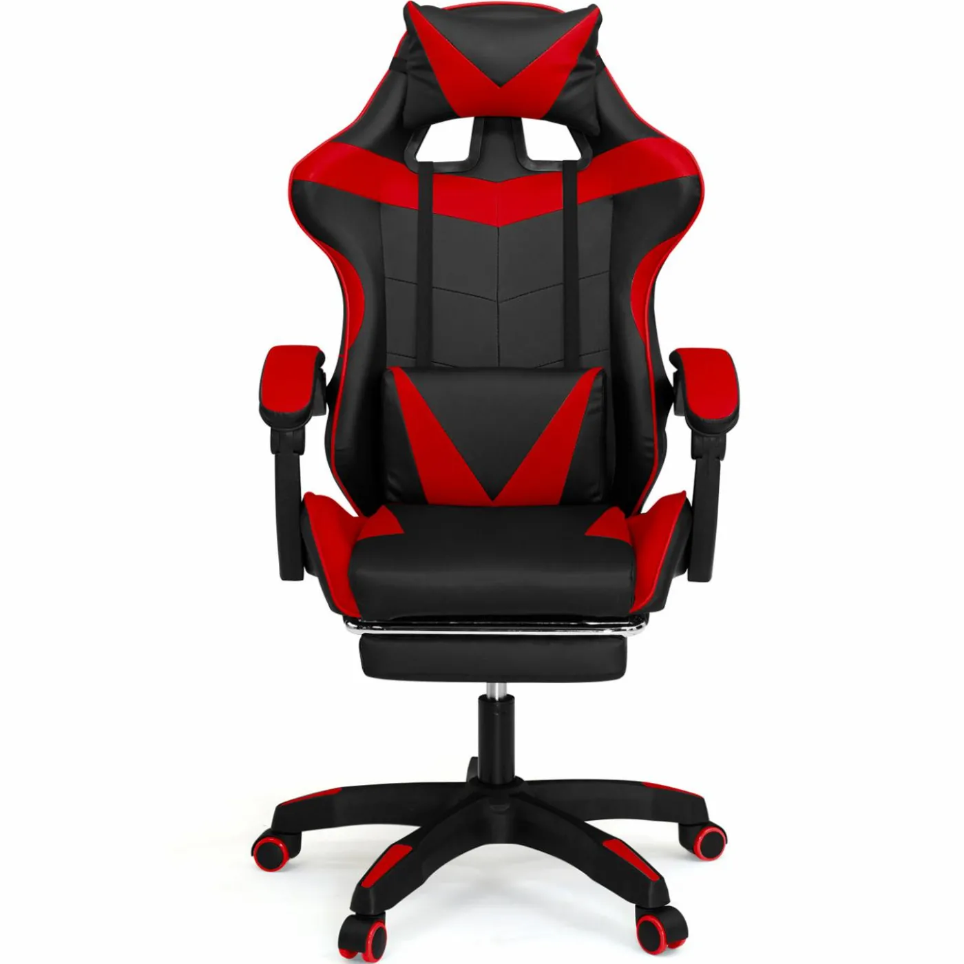 Fauteuil gamer réglable et inclinable avec repose pied et coussins noir et rouge