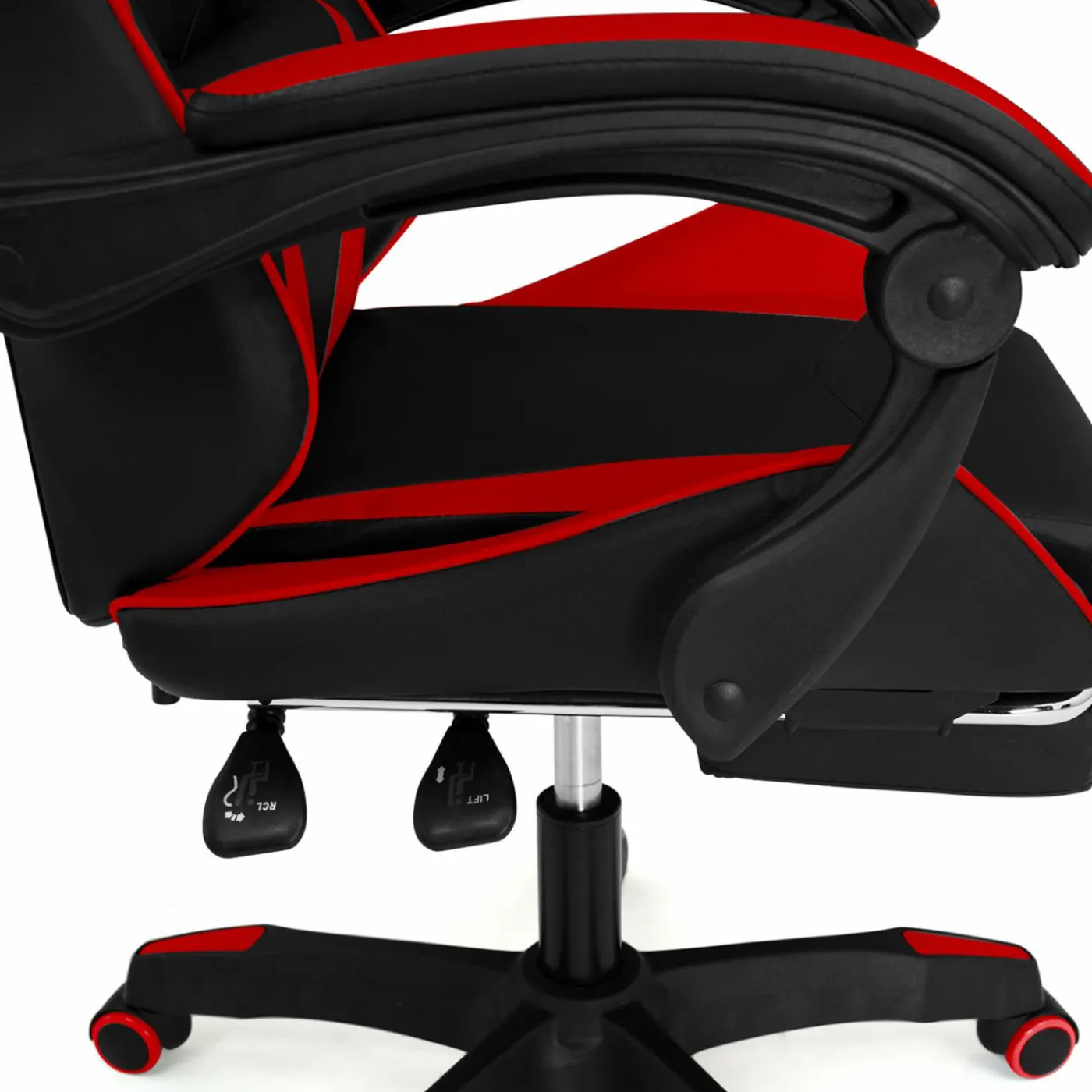 Fauteuil gamer réglable et inclinable avec repose pied et coussins noir et rouge