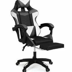 Fauteuil gamer réglable, inclinable avec repose-pied et coussins noir, blanc et gris