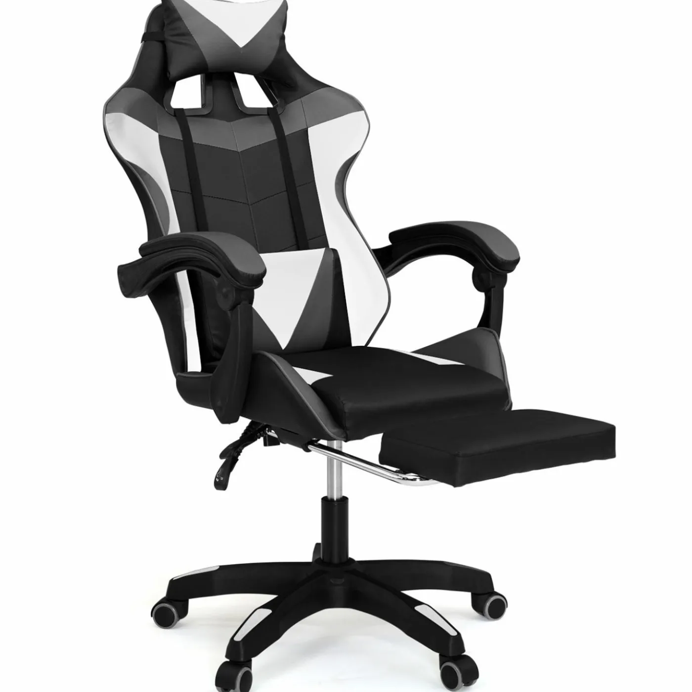 Fauteuil gamer réglable, inclinable avec repose-pied et coussins noir, blanc et gris