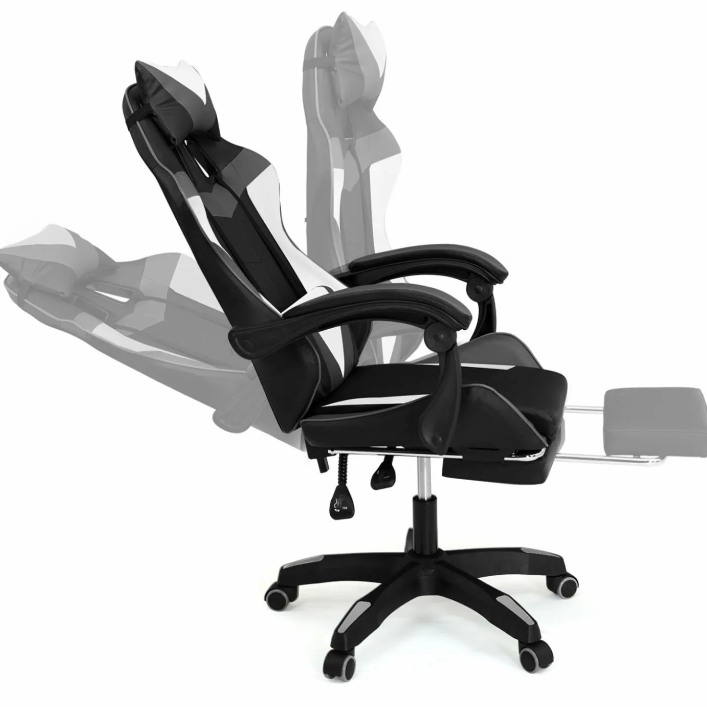 Fauteuil gamer réglable, inclinable avec repose-pied et coussins noir, blanc et gris