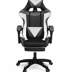 Fauteuil gamer réglable, inclinable avec repose-pied et coussins noir, blanc et gris