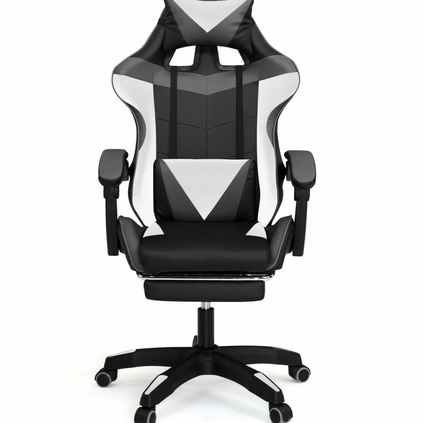 Fauteuil gamer réglable, inclinable avec repose-pied et coussins noir, blanc et gris