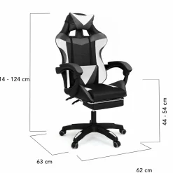 Fauteuil gamer réglable, inclinable avec repose-pied et coussins noir, blanc et gris