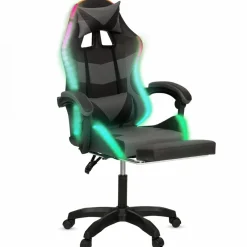 Fauteuil gaming LED noir et gris avec repose-pied, coussin tête + lombaire