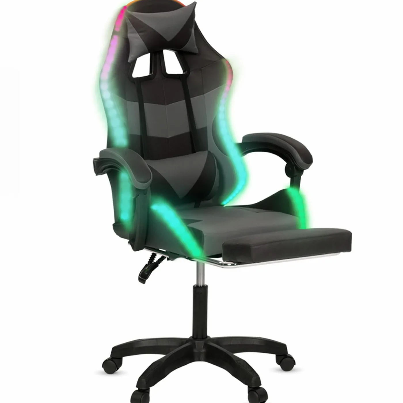 Fauteuil gaming LED noir et gris avec repose-pied, coussin tête + lombaire