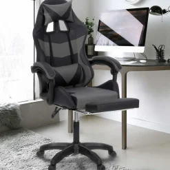 Fauteuil gaming LED noir et gris avec repose-pied, coussin tête + lombaire