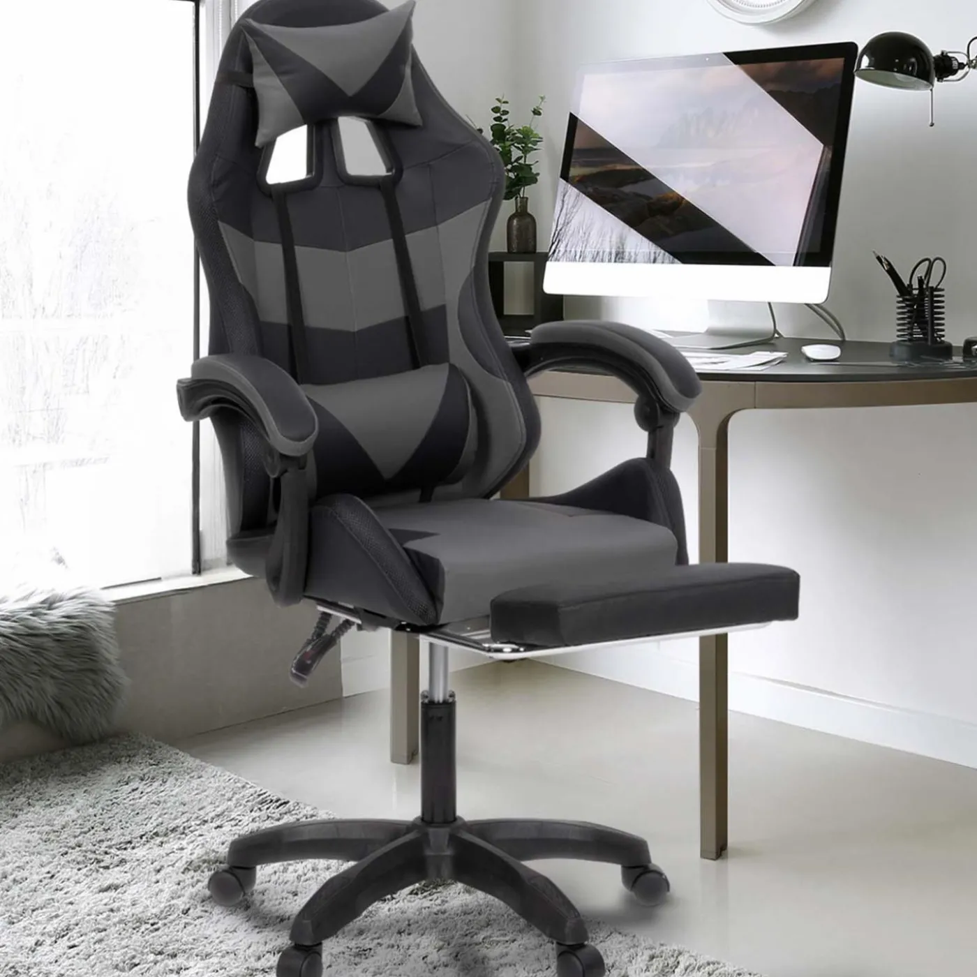 Fauteuil gaming LED noir et gris avec repose-pied, coussin tête + lombaire